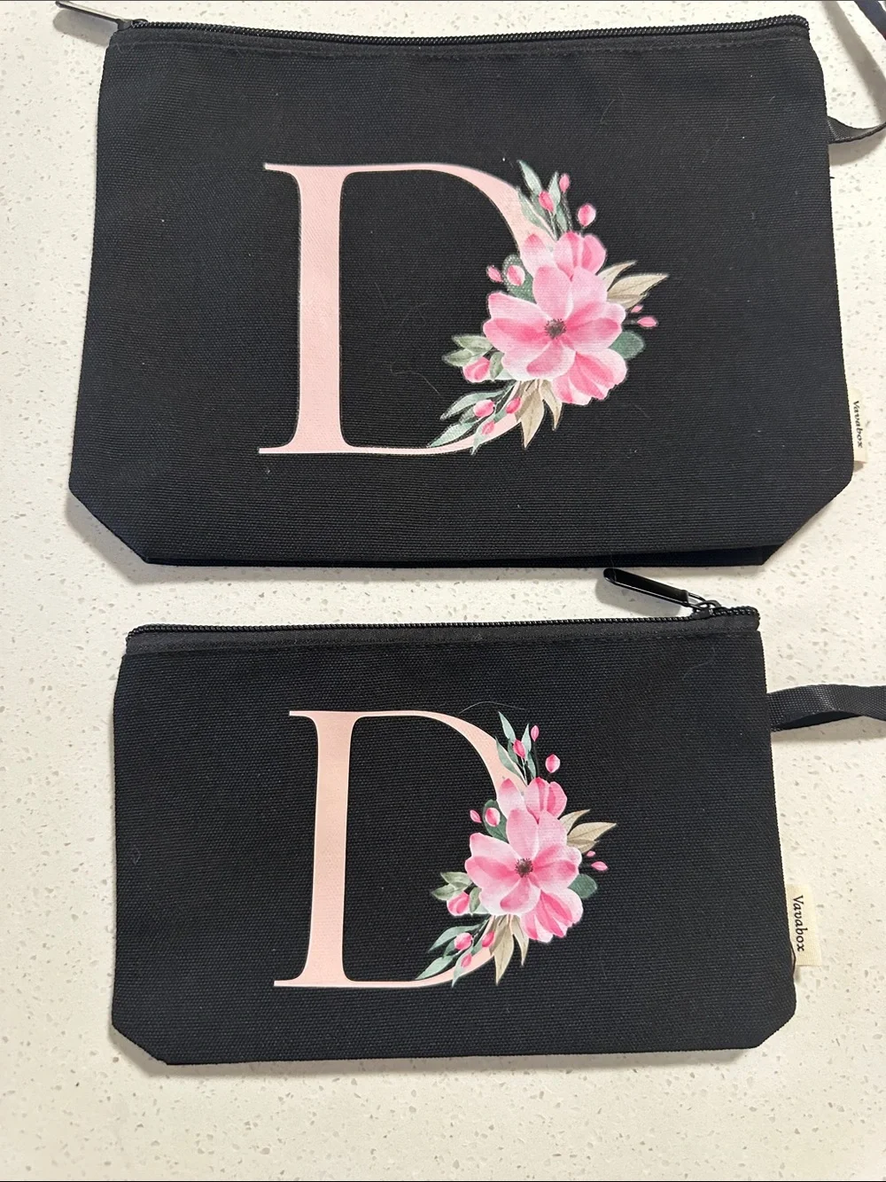 Black Cosmetic Pouch with Pink Floral Initial D - Unbranded